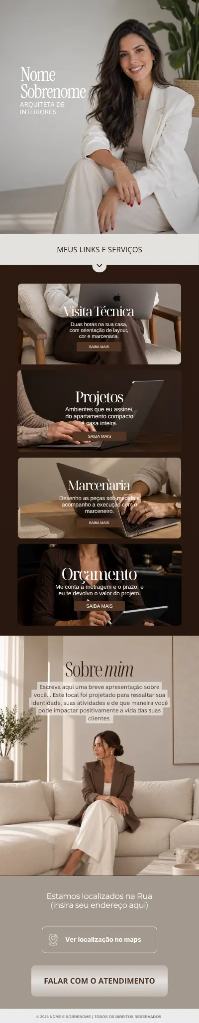 Modelo de link bio 15, da capa ao rodapé