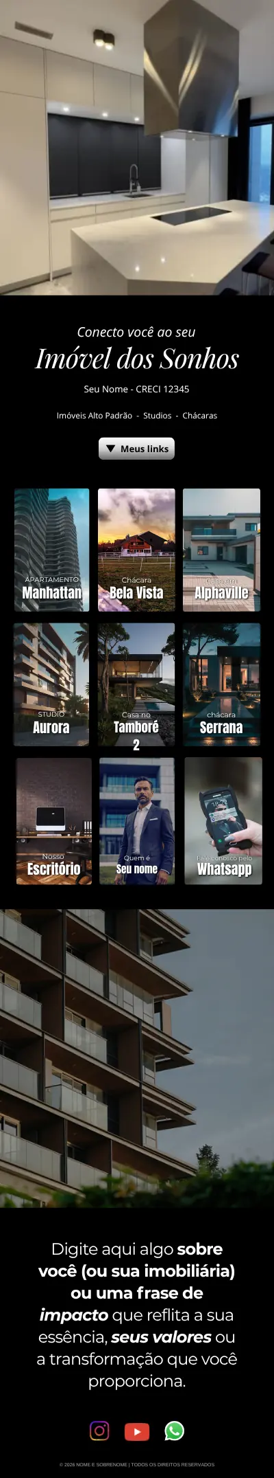 Modelo de link bio 38, da capa ao rodapé